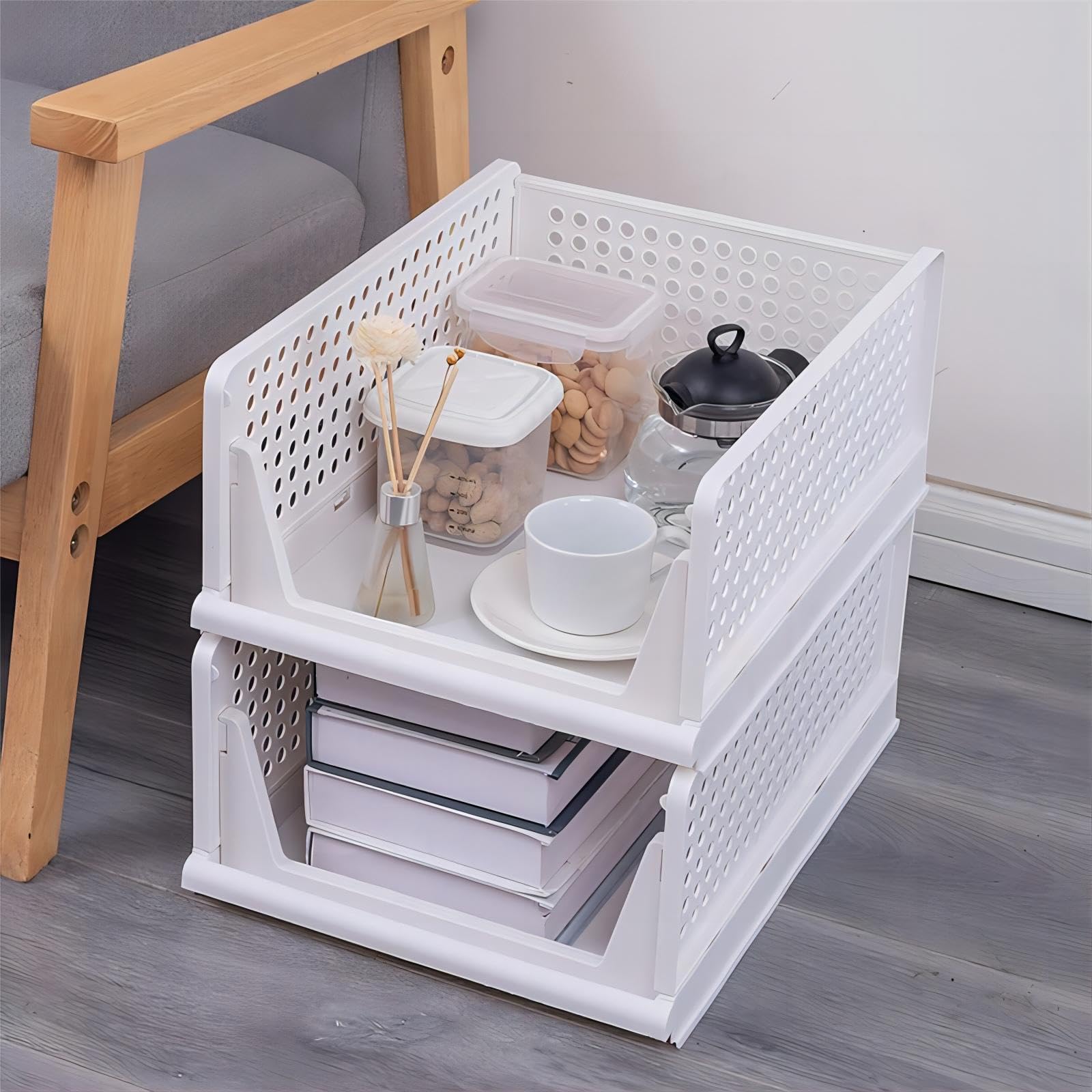 4-Pack Plastic Stackable Storage Basket Closet Storage Drawers Stackable Closet Storage Bins Foldable Wardrobe Storage Boxes Plastic Stackable Drawer Storage for Wardrobe/Desk