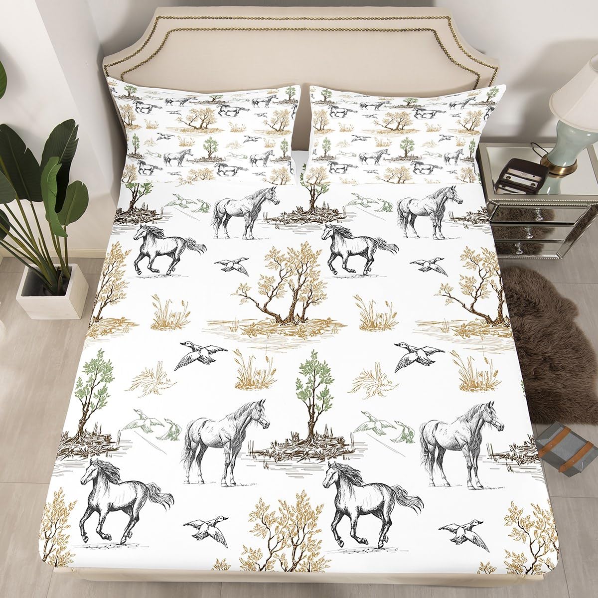 Wild Horse Fitted Sheet Queen Size Western Jungle Tree and Duck Sketch Bedding Set 3Pcs Southwest Farmhouse Animals Bed Sheet Cowboys Rustic Deep Pocket Sheet for Kids Boys Girls Adult Room Decor