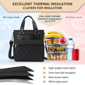 IKISTO Womens Insulated Lunch Bags for Work, Trendy Black Large Lunch Tote Bag for Women with Shoulder Strap, Cute Square Lunch Box for Adults Teacher