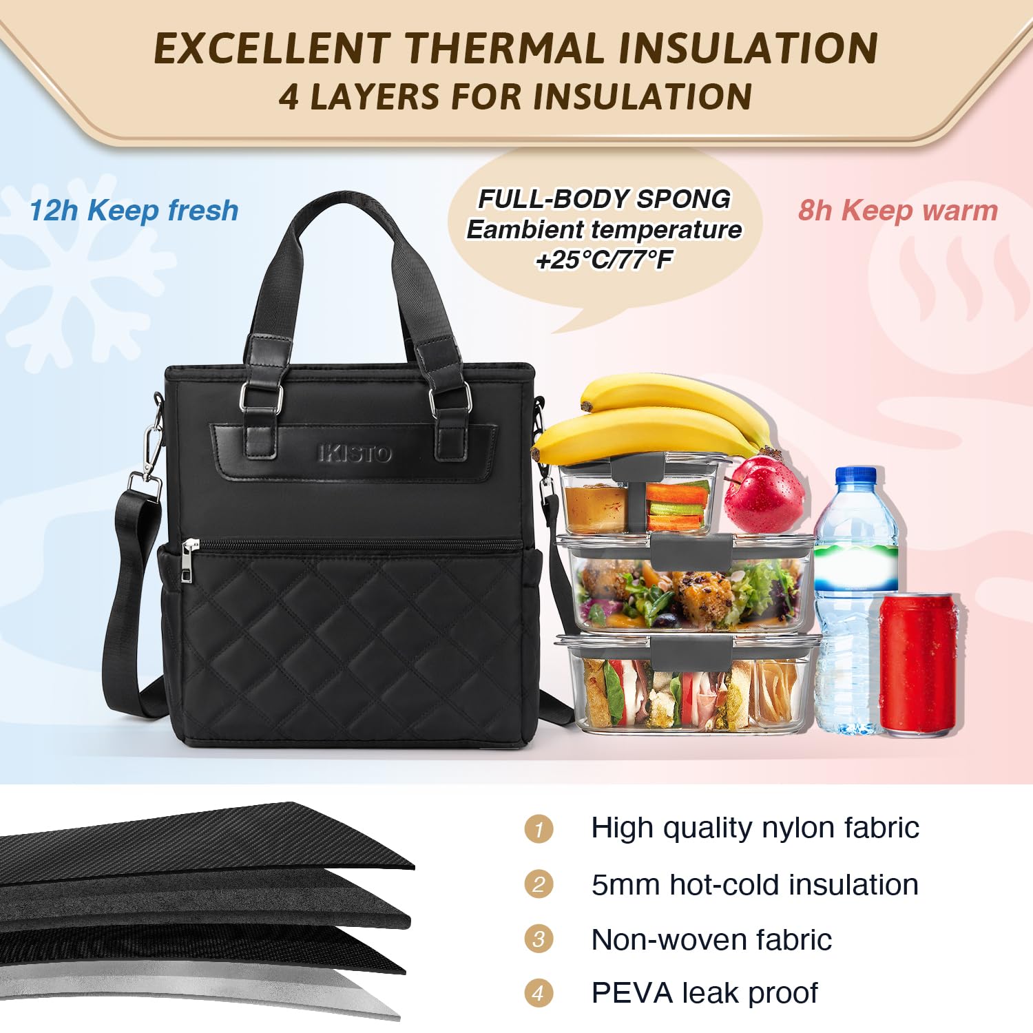 IKISTO Womens Insulated Lunch Bags for Work, Trendy Black Large Lunch Tote Bag for Women with Shoulder Strap, Cute Square Lunch Box for Adults Teacher