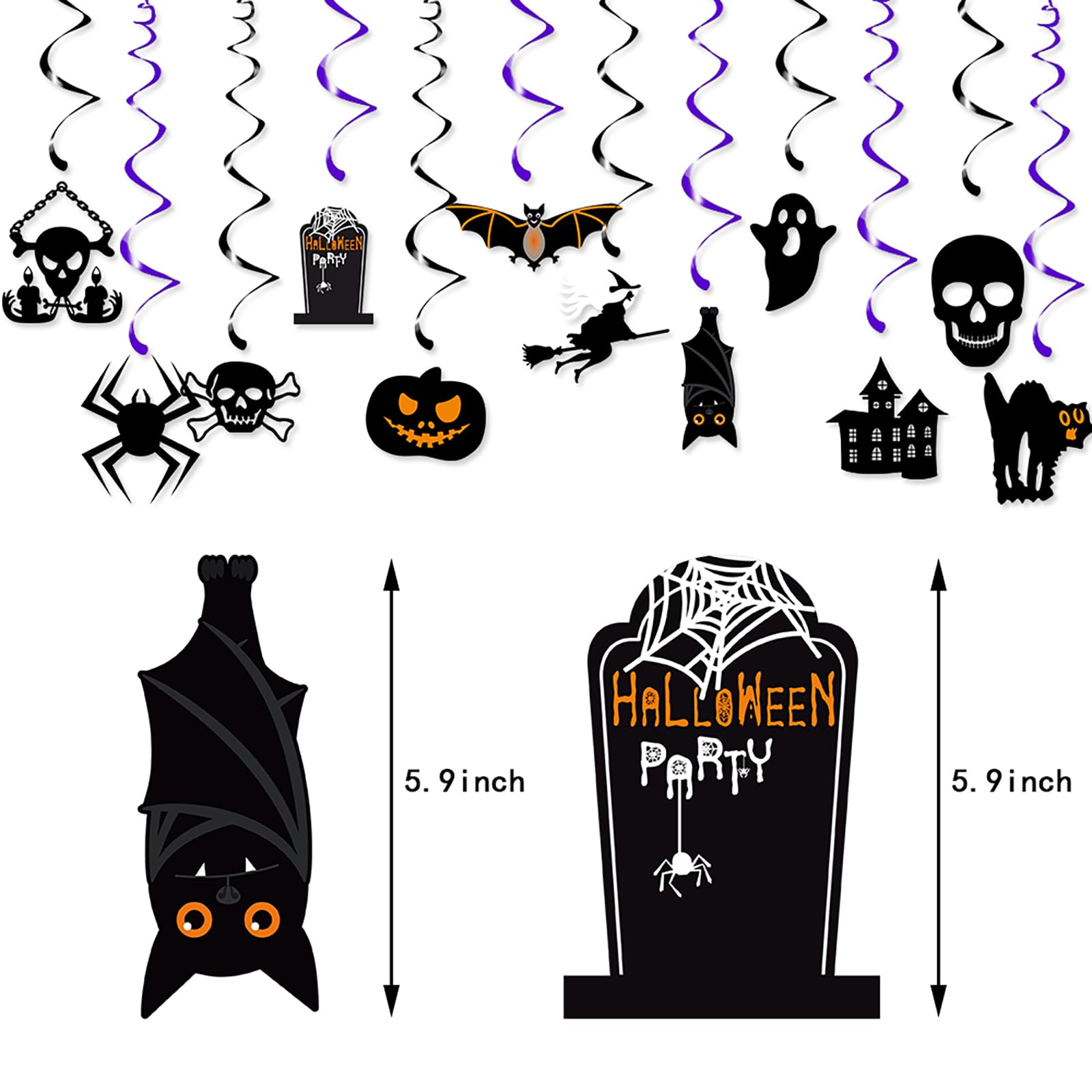 Halloween Bats Witch Party-Decorations Streamers - 12pcs Spooky Creepy Ghosts Skulls Skeleton Pumpkin Cats Spiders Hanging Swirls Banner,Window Fireplace Classroom Ceiling Garland Decor Panduola