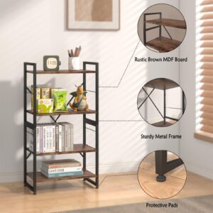 Azheruol 4 Tiers Bookshelf Adjustable Shelf Organizer, Rustic Brown Small Bookcase for Small Space,Industrial Wooden Storage Bookcase Display Rack and Storage Organizer for Living Room Home Office