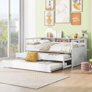 harper & bright designs twin xl daybed with 3 storage cubbies and usb charging, wood daybed frame with double trundles, daybed with trundle for kids girls boys, no box spring needed (white)