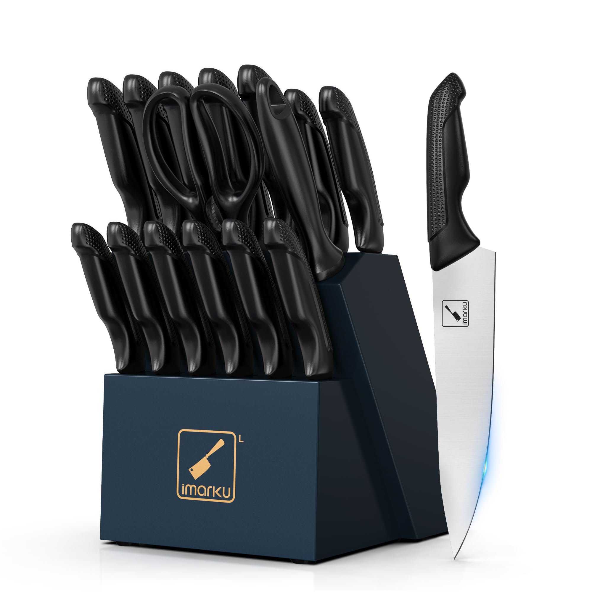 imarku Kitchen Knives Set, 16 Pcs Stainless Steel Knife Set with Block and Sharpener, Dishwasher Safe, Knife Block Set with Ergonomic Handle, Christmas Gifts for Women