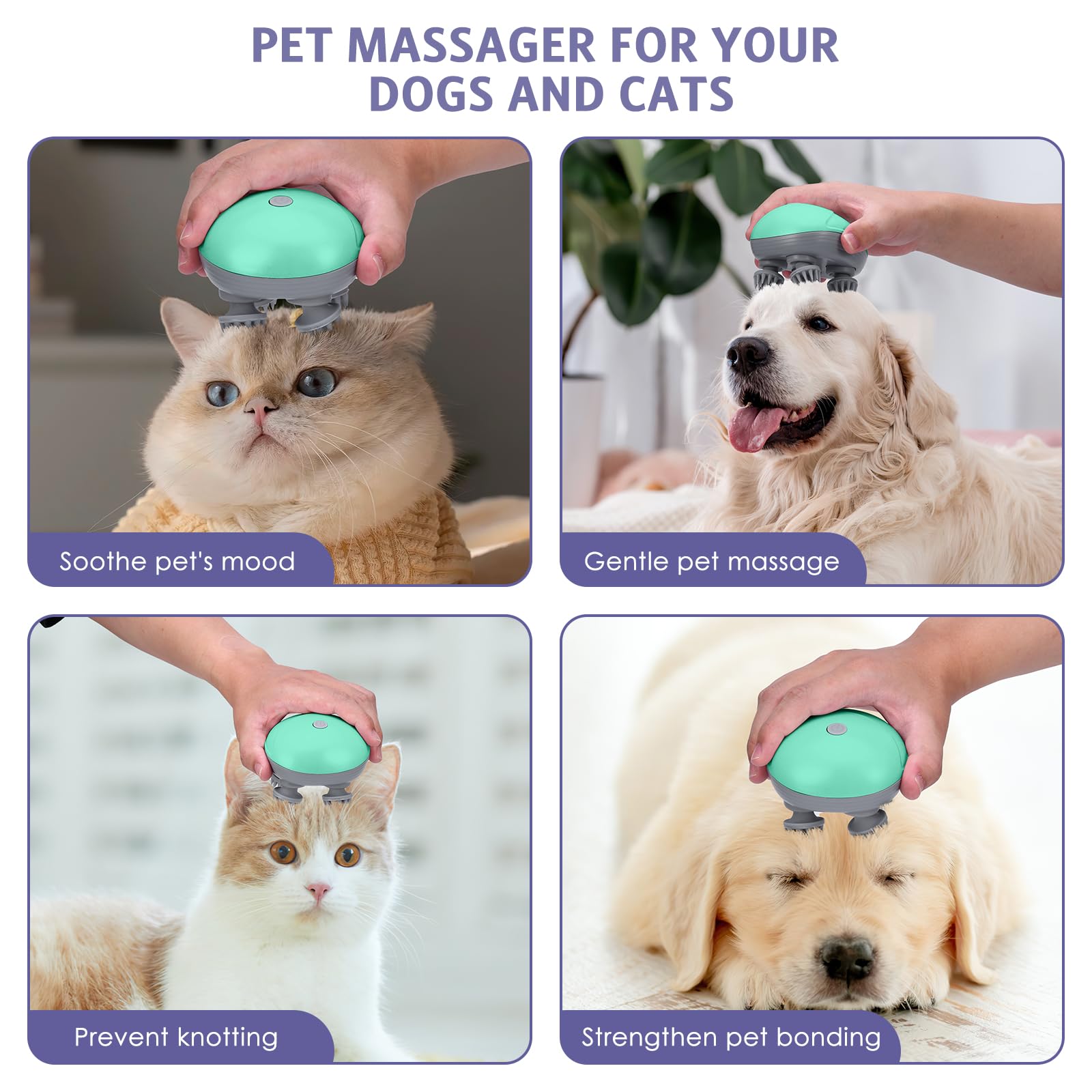 JXTZ Handheld Pet Massager for Dogs and Cats, Portable Electric Cat and Dog Massage Tool with 4 Massage Heads, 3 Speeds, Electric Pet Massager Head and Back Scratcher for Tight Muscles Stiffness Green