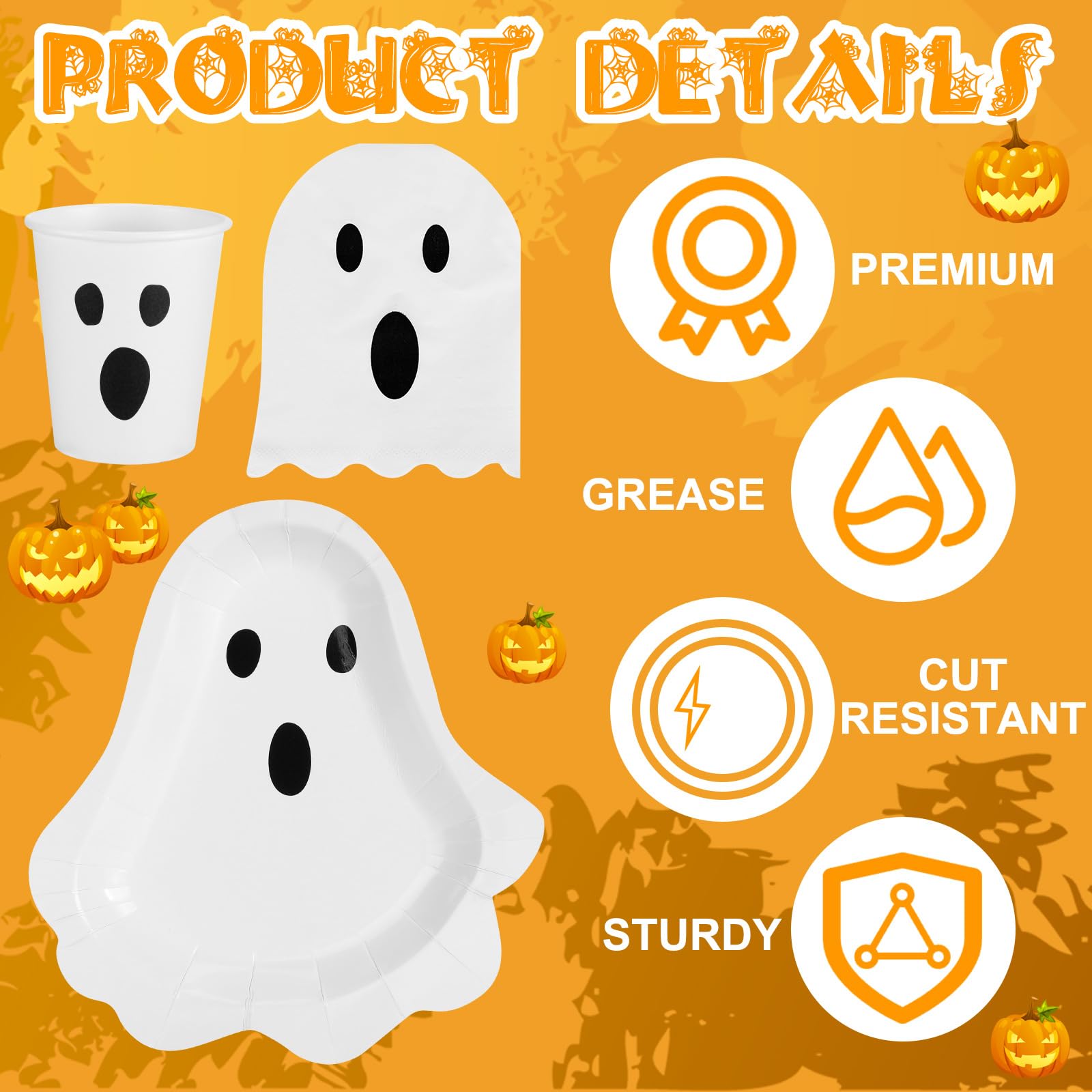 Fuutreo 96 Pcs Halloween Ghost Party Tableware Supplies Including 48 Pcs Halloween Guest Napkins 24 Pcs Ghost Shaped Plates 24 Pcs 9 oz Disposable Ghost Paper Cups Serve for 24 Guests Halloween Party