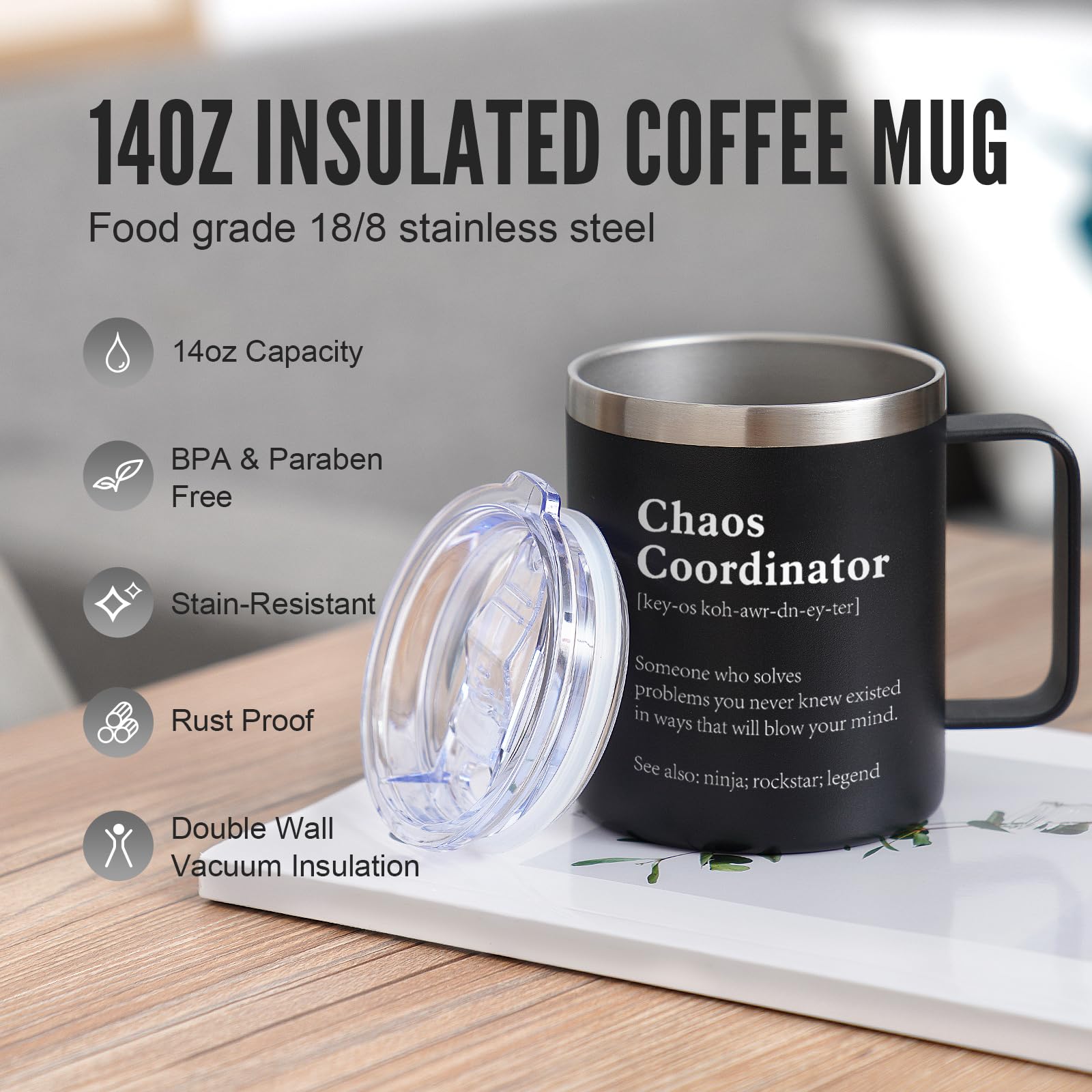 NOWWISH Christmas Gifts for Men Boss Coworker Teacher Friend - Chaos Coordinator Mug - White Elephant,Birthday, Funny Gifts for Men, 14oz Black