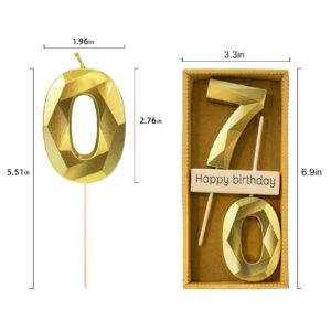 70th Gold Birthday Candles, Number 70 Glitter 3D Diamond Designs Cake Topper Party Decoration for Women Girl Party Celebration