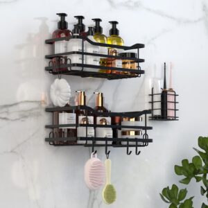 prettidecor shower caddy 3 pack-self adhesive stainless shower shelves with hooks no drilling shower organizer hanging large capacity rustproof bathroom kitchen storage accessories-black