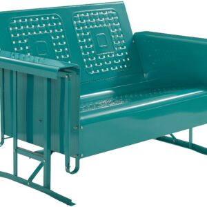 Crosley Furniture Bates Retro Metal Outdoor Loveseat Glider + 3-Piece Seating Set with Side Table and 2 Chairs, Turquoise Gloss