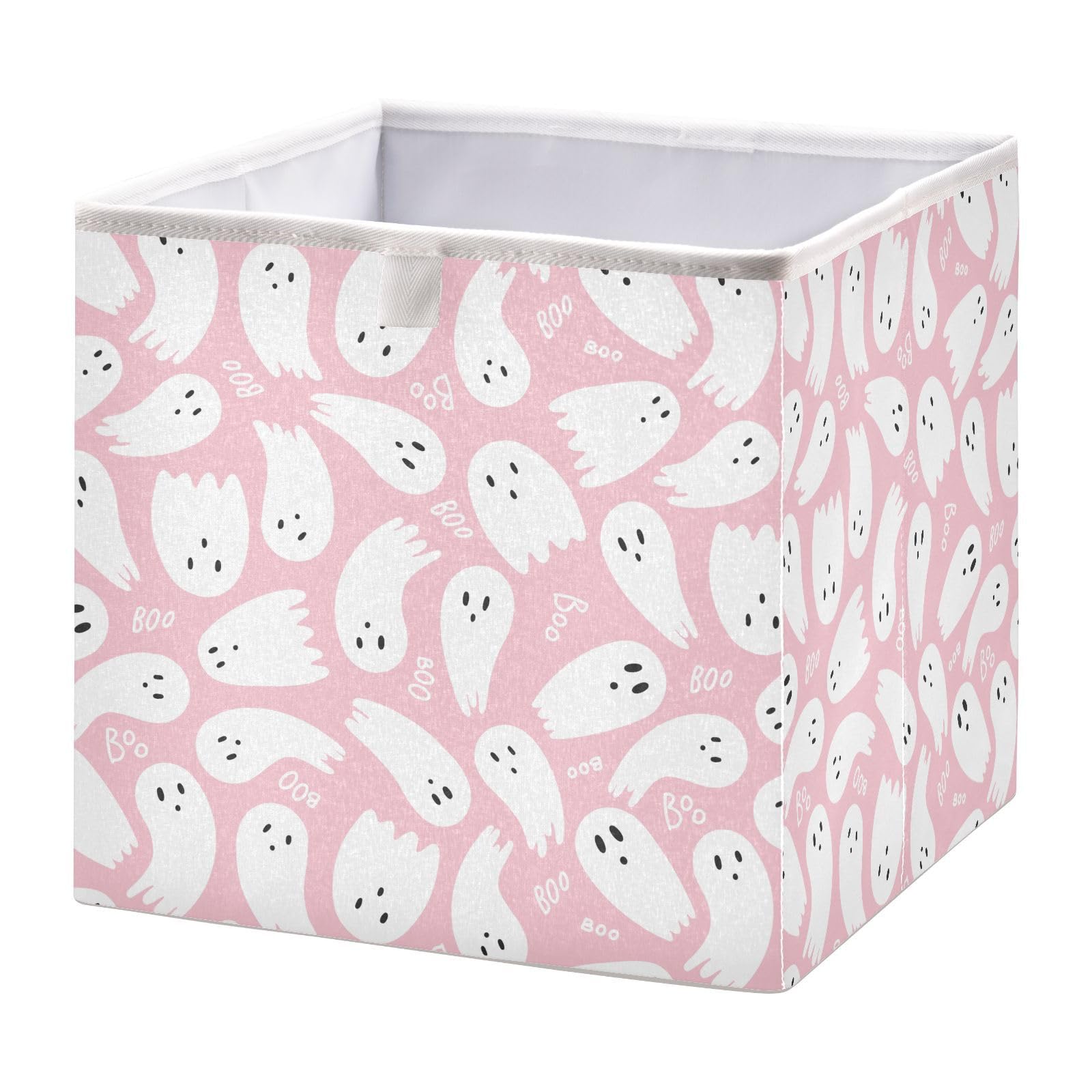 QUGRL Cute Halloween Ghost Cube Storage Bins Organizer Boo Pink Clothes Storage Basket Box for Shelves Closet Cabinet Office Dorm Bedroom 11x11 in