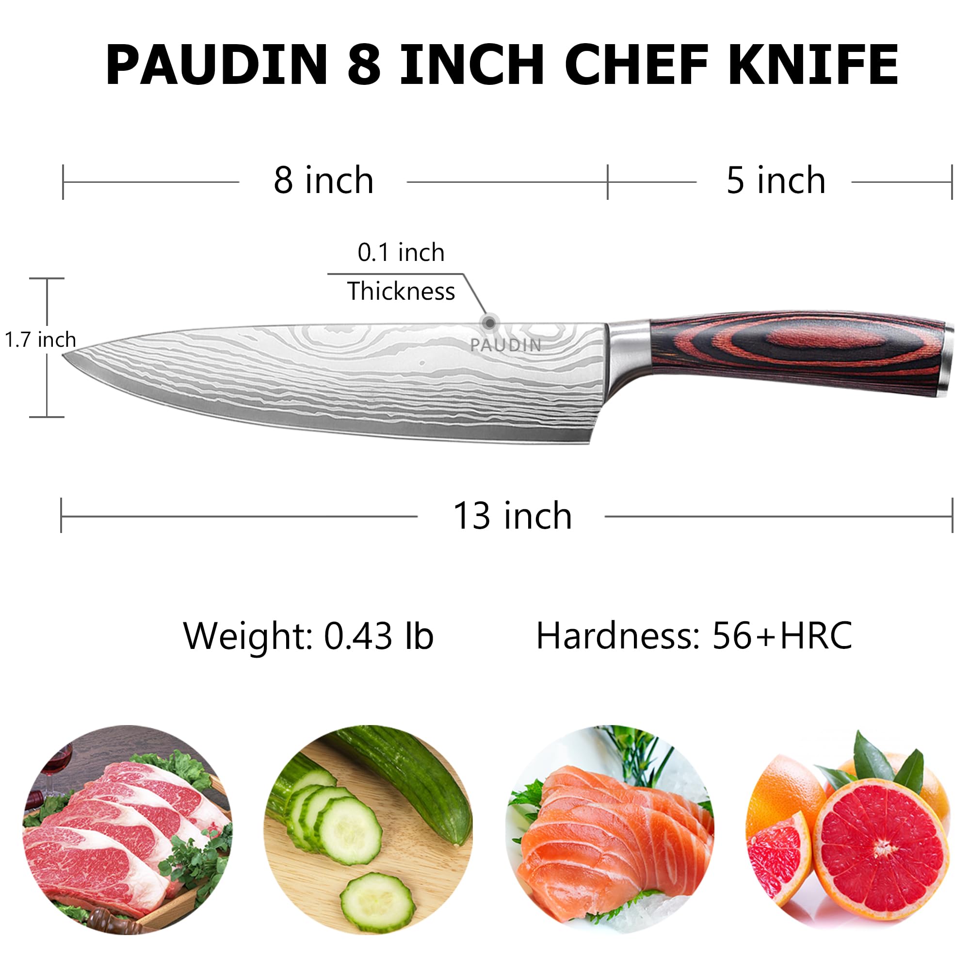 PAUDIN Chef Knife with Sheath- Pro Kitchen Knife 8 Inch Chef's Knives with High Carbon Stainless Steel, Sharp Knife with Ergonomic Handle for Home Kitchen Restaurant