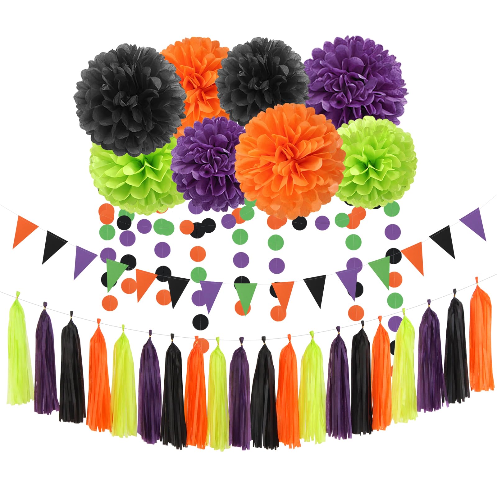 Black-Purple Orange Green Halloween Party-Decorations - 30pcs Tissue Pom Poms Streamers,Tassel Garland Banner,Birthday Wedding Baby Bridal Shower Decor Bunting Supplies Lasting Surprise