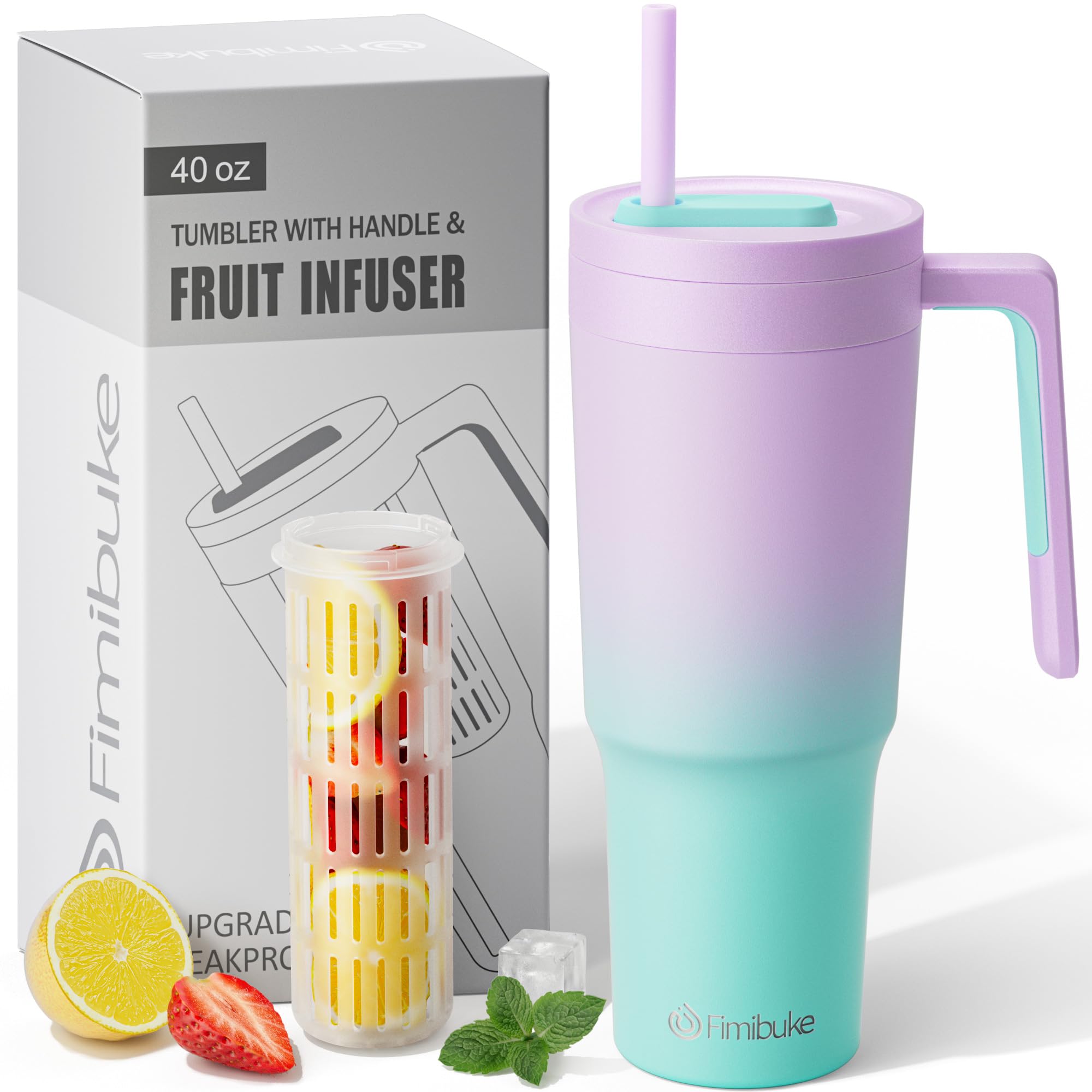 Fimibuke 40 oz Tumbler with Handle & Fruit Infuser, Stainless Steel Vacuum Insulated Cup with Lid & Straw, Water Infusion Bottle Cupholder Friendly Travel Mug Mothers Day Gifts for Mom Grandma Auntie