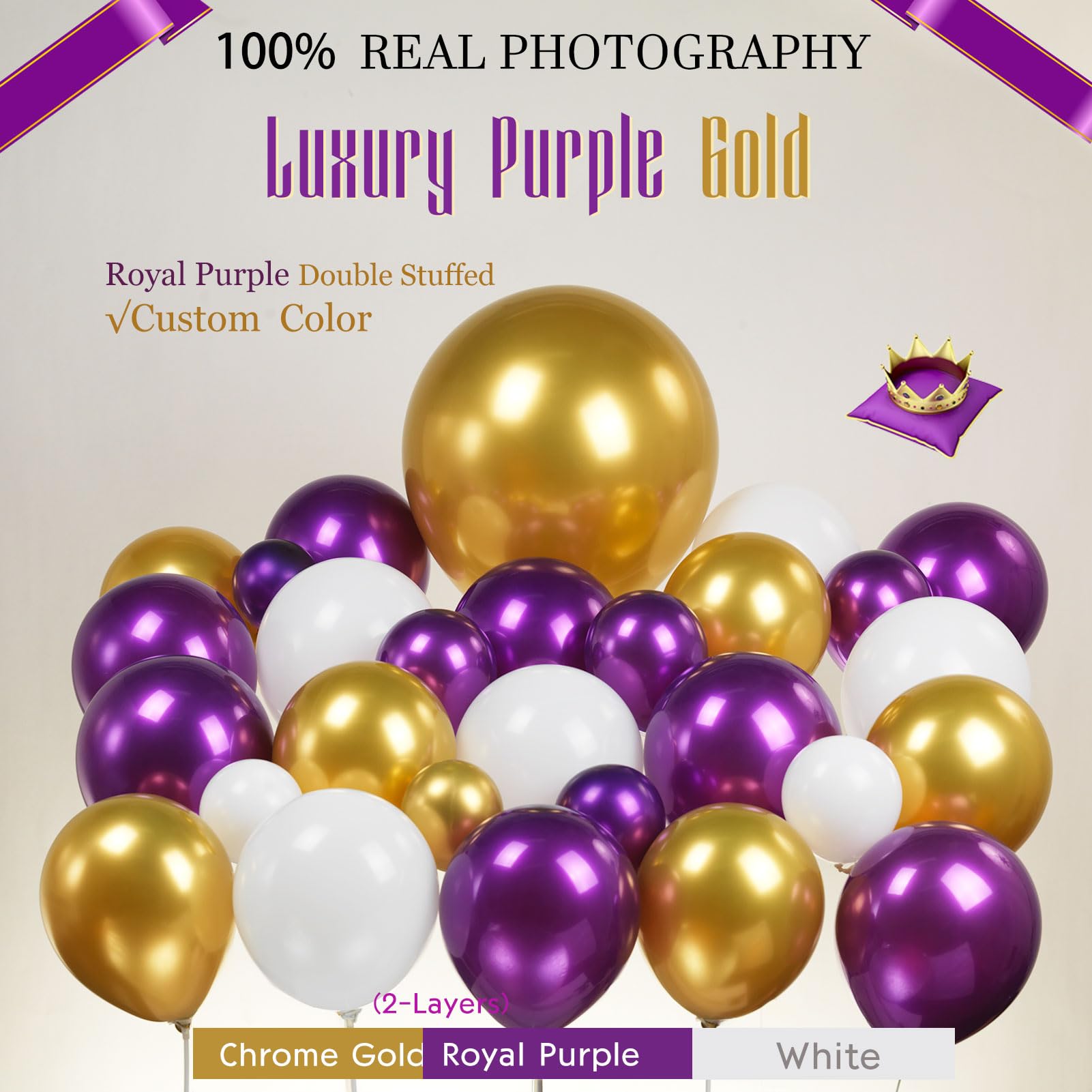 Royal Purple and Gold balloon Garland Arch Kit 140Pcs double stuffed chrome Royal Purple & Starburst balloons for Girl 15/16th Birthday decorations women retirement Graduation Prom supplies