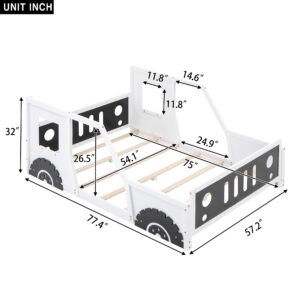 Full Size Car Bed, Wood Floor Bed Frame with Headboard & Footboard and 4 Side Rails, Kids Racecar Bed for Boys Girls Teens, White