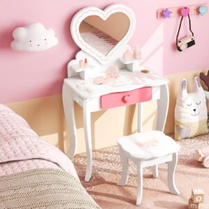 Costzon Kids Vanity Set, Girls Vanity Set with Mirror and Stool, Accessories, Drawer & Storage Shelf, Wooden Princess Makeup Dressing Table, Pretend Play Vanity Table and Chair Set for Toddlers, White