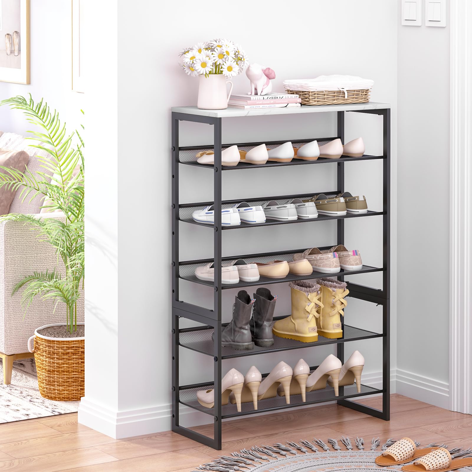 Garden 4 you Shoe Rack 6 Tiers Shoe Storage Organizer,Large Capacity Storage Rack With White Faux Marble Tabletop,Adjustable Metal Shelf Stackable Shoe Shelf For Entryway Hallway Living Room Closet