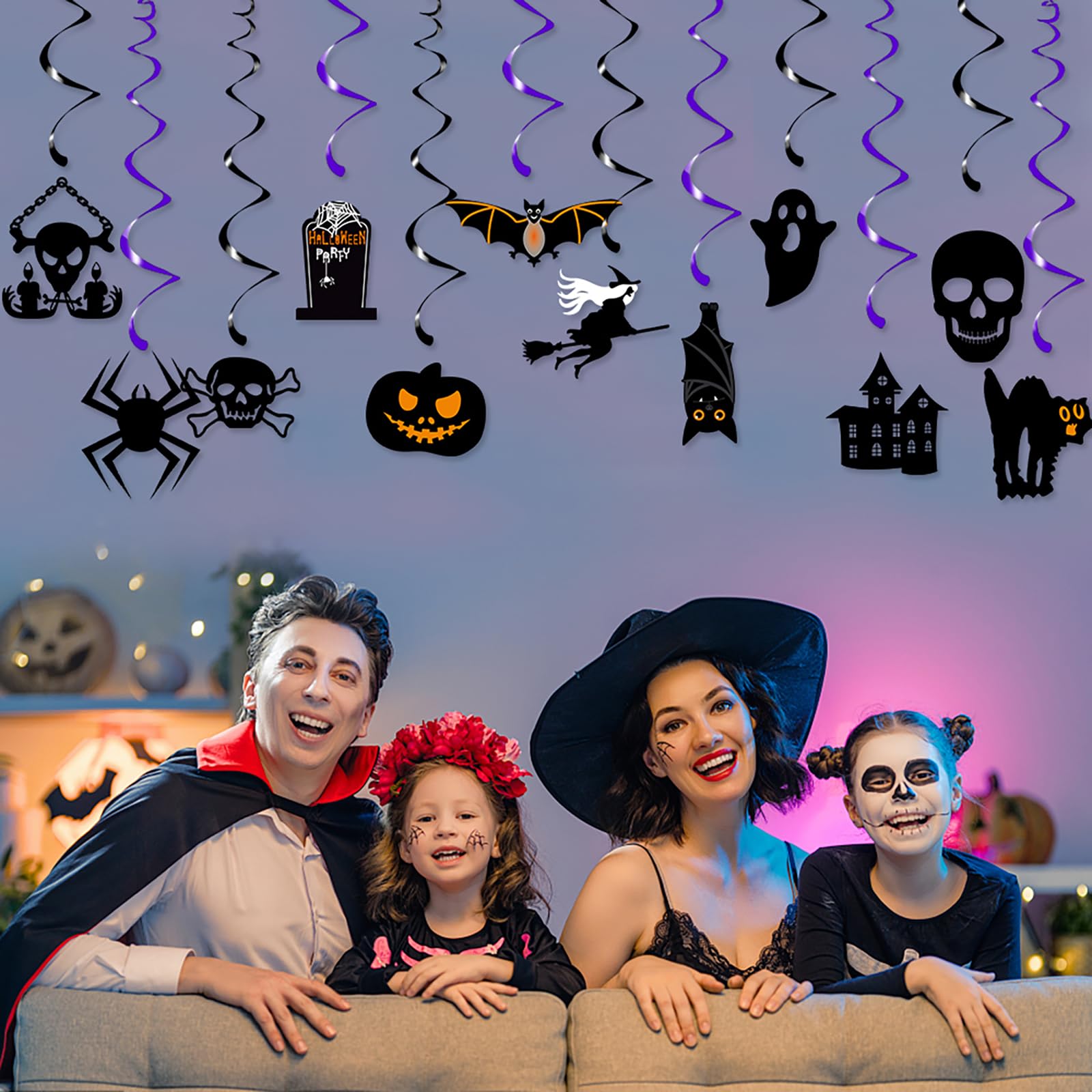 Halloween Bats Witch Party-Decorations Streamers - 12pcs Spooky Creepy Ghosts Skulls Skeleton Pumpkin Cats Spiders Hanging Swirls Banner,Window Fireplace Classroom Ceiling Garland Decor Panduola