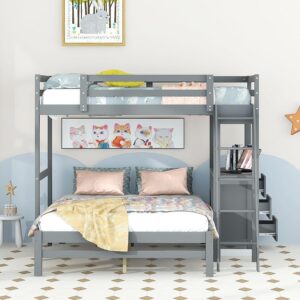 Bunk Beds Twin Over Full Size with Built-in Desk and Three Drawers, Wooden Storage Bunk Beds with Removable Bottom Bed ,Bunk Beds with Ladder & Guardrails for Kids Girls Boys ,Grey