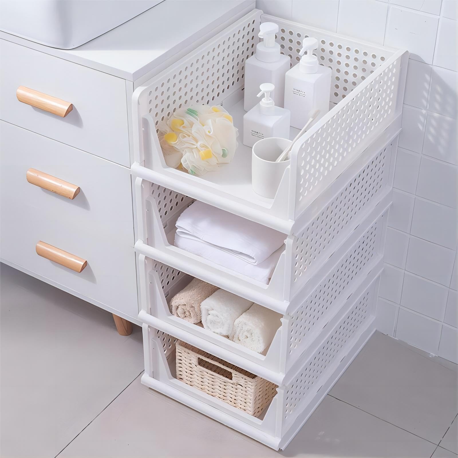 4-Pack Plastic Stackable Storage Basket Closet Storage Drawers Stackable Closet Storage Bins Foldable Wardrobe Storage Boxes Plastic Stackable Drawer Storage for Wardrobe/Desk