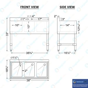 AmGood 3 Compartment Under Bar Sink With Faucet - 38" X 18 3/4". NSF. Commercial Three Bowl Under Bar Sink