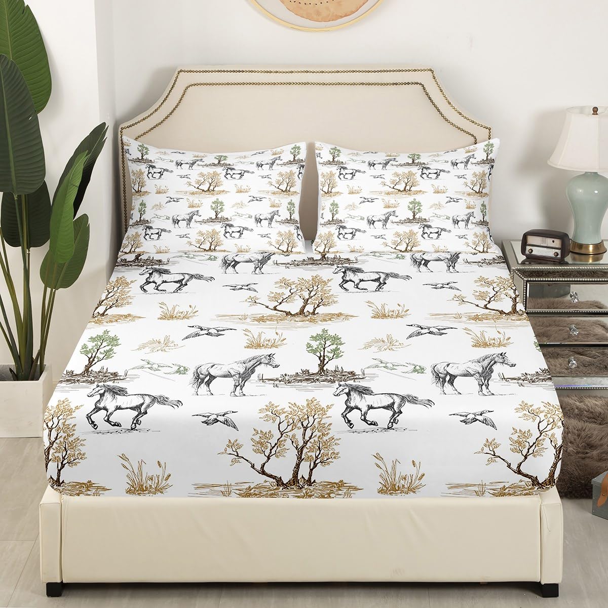 Wild Horse Fitted Sheet Queen Size Western Jungle Tree and Duck Sketch Bedding Set 3Pcs Southwest Farmhouse Animals Bed Sheet Cowboys Rustic Deep Pocket Sheet for Kids Boys Girls Adult Room Decor