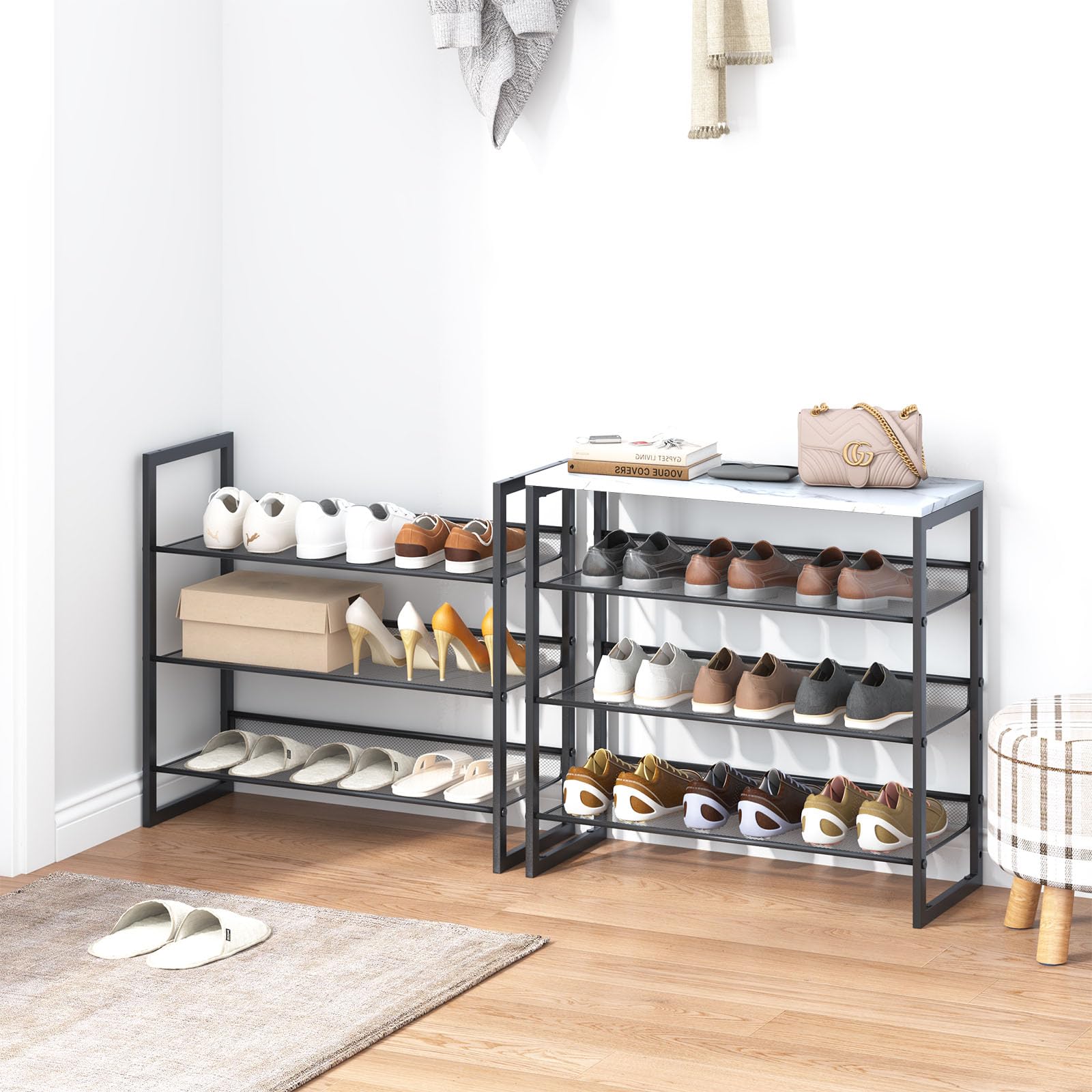 Garden 4 you Shoe Rack 6 Tiers Shoe Storage Organizer,Large Capacity Storage Rack With White Faux Marble Tabletop,Adjustable Metal Shelf Stackable Shoe Shelf For Entryway Hallway Living Room Closet