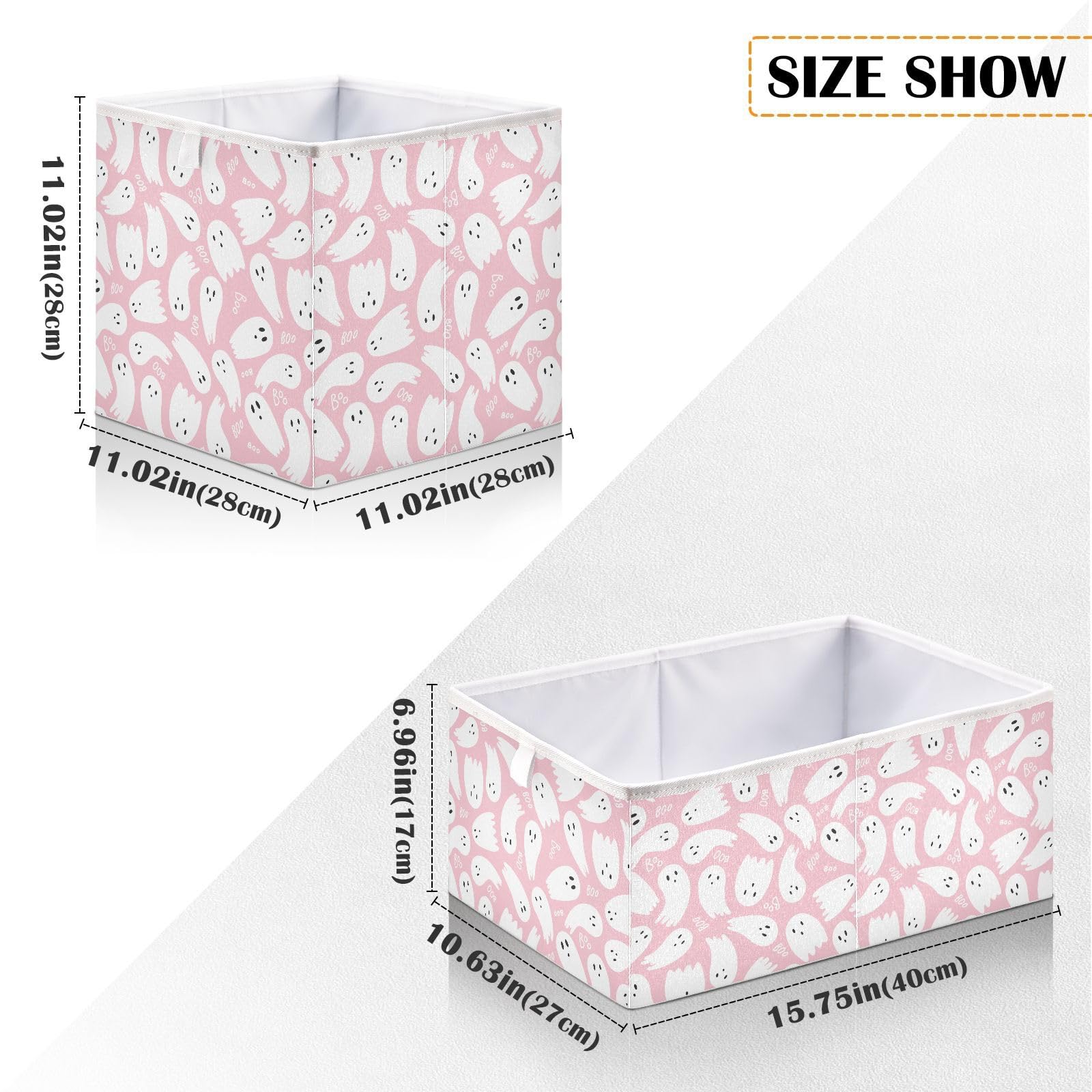 QUGRL Cute Halloween Ghost Cube Storage Bins Organizer Boo Pink Clothes Storage Basket Box for Shelves Closet Cabinet Office Dorm Bedroom 11x11 in