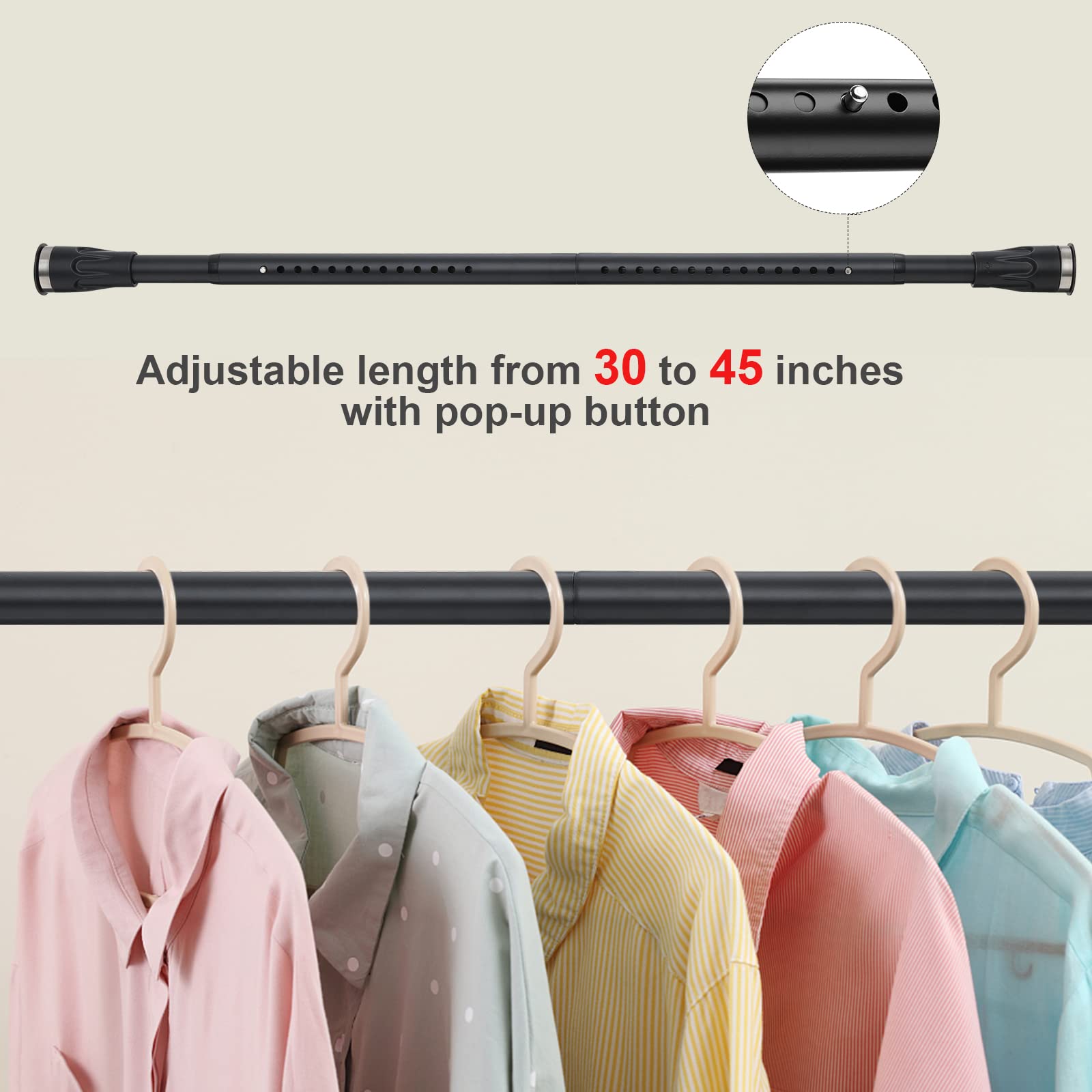 Closet Rod - 29-45 inch Adjustable Closets Rod for Hanging Clothes, Heavy Duty Closet Hanging Rod with Brackets, Space Saving Closet Bar for Hanging Clothes, Drilling or Adhesive Mount