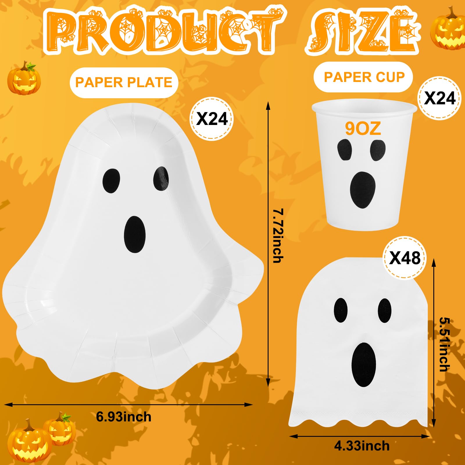 Fuutreo 96 Pcs Halloween Ghost Party Tableware Supplies Including 48 Pcs Halloween Guest Napkins 24 Pcs Ghost Shaped Plates 24 Pcs 9 oz Disposable Ghost Paper Cups Serve for 24 Guests Halloween Party