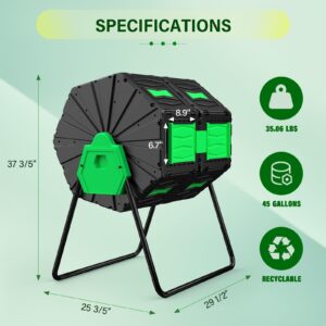 Efurden Compost Bin Outdoor, 45 Gallon Large Compost Tumbler, Fast and Efficient Dual Chamber Tumbling Composter for Garden, Kitchen, and Yard Waste, Easy Assemble and Turning, Green