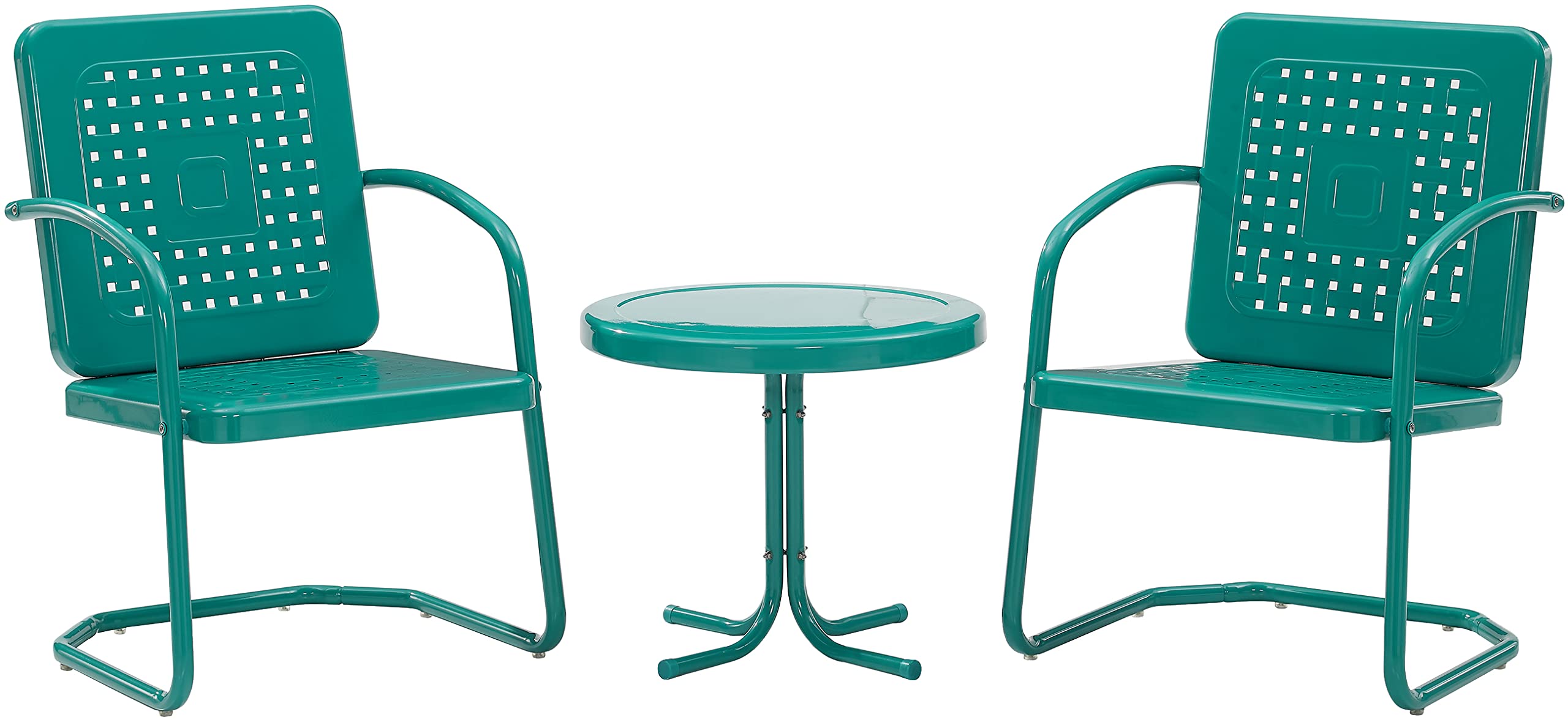 Crosley Furniture Bates Retro Metal Outdoor Loveseat Glider + 3-Piece Seating Set with Side Table and 2 Chairs, Turquoise Gloss