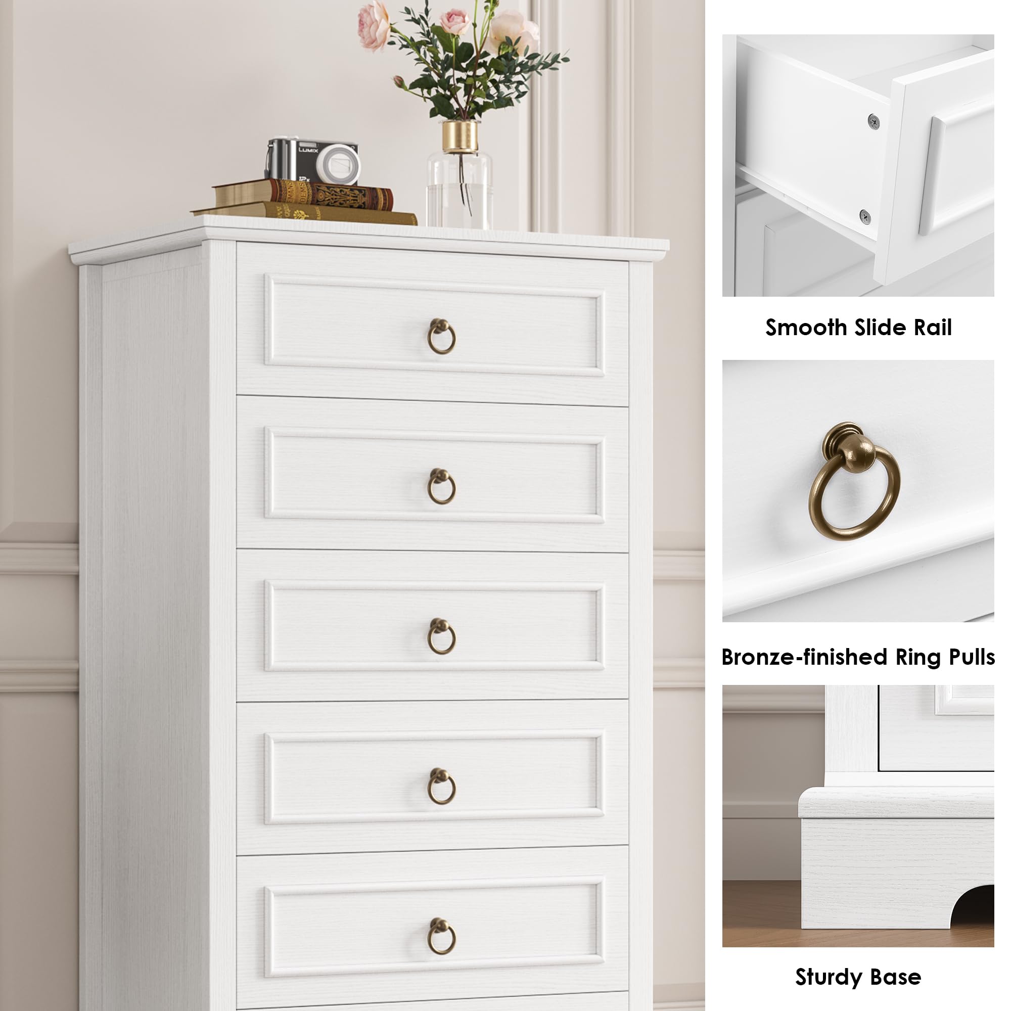 HOSTACK 6 Drawer White Dresser, 52" Tall Dresser, Vertical Dresser, Modern Farmhouse Chest of Drawers, Wood Closet Dresser Storage Dresser Chest for Living Room, Hallway, Entryway