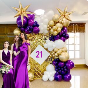 Royal Purple and Gold balloon Garland Arch Kit 140Pcs double stuffed chrome Royal Purple & Starburst balloons for Girl 15/16th Birthday decorations women retirement Graduation Prom supplies