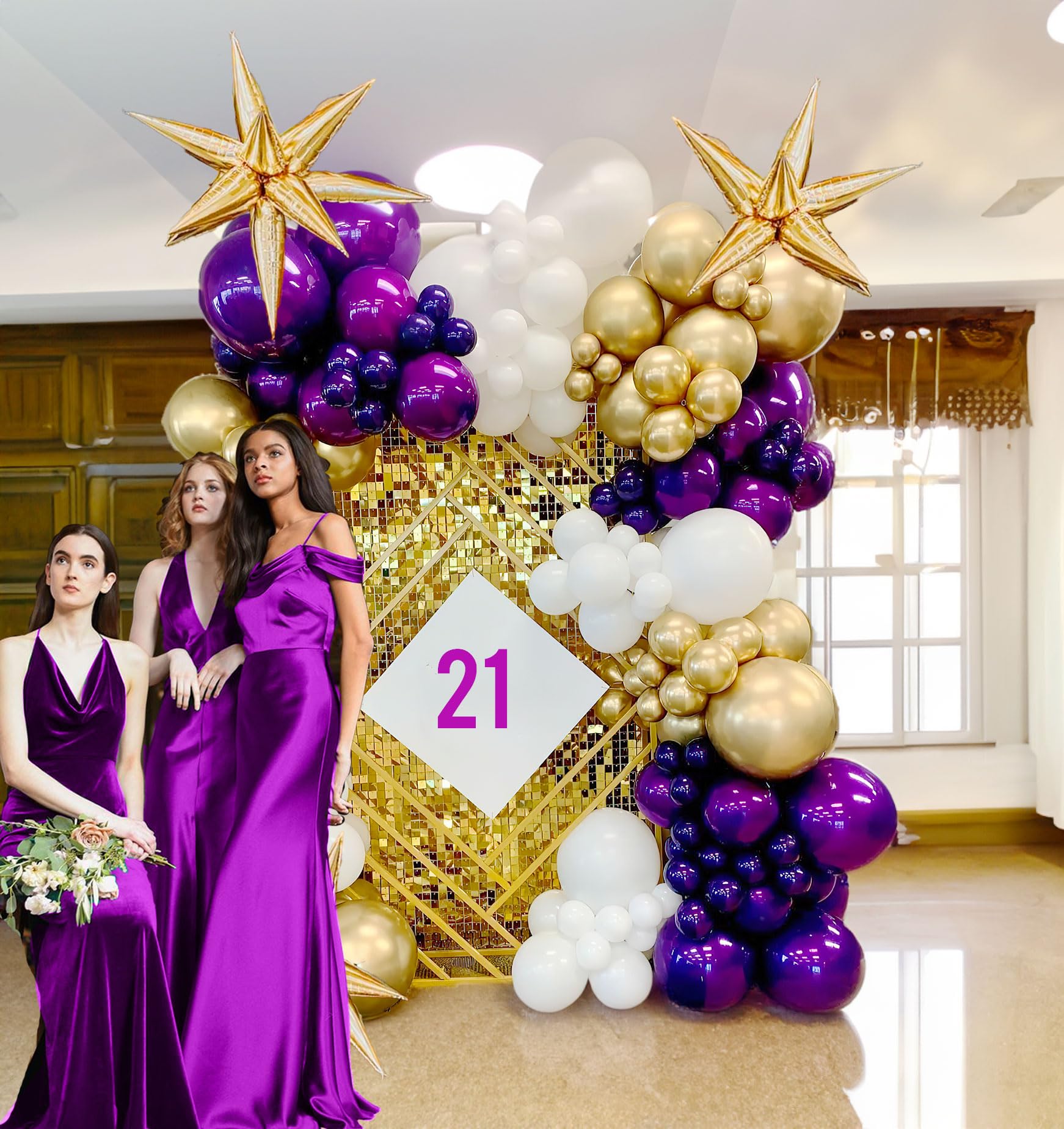 Royal Purple and Gold balloon Garland Arch Kit 140Pcs double stuffed chrome Royal Purple & Starburst balloons for Girl 15/16th Birthday decorations women retirement Graduation Prom supplies