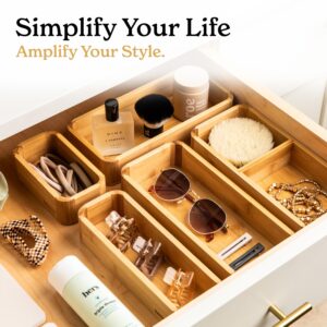 SMIRLY 5-Piece Bamboo Kitchen Drawer Organizer Set for Large and Small Utensils, Multi-use Storage Box - Bathroom, Nightstand, Jewelry, Cutlery, Knife, Spice, Towel, Junk Drawer Tray