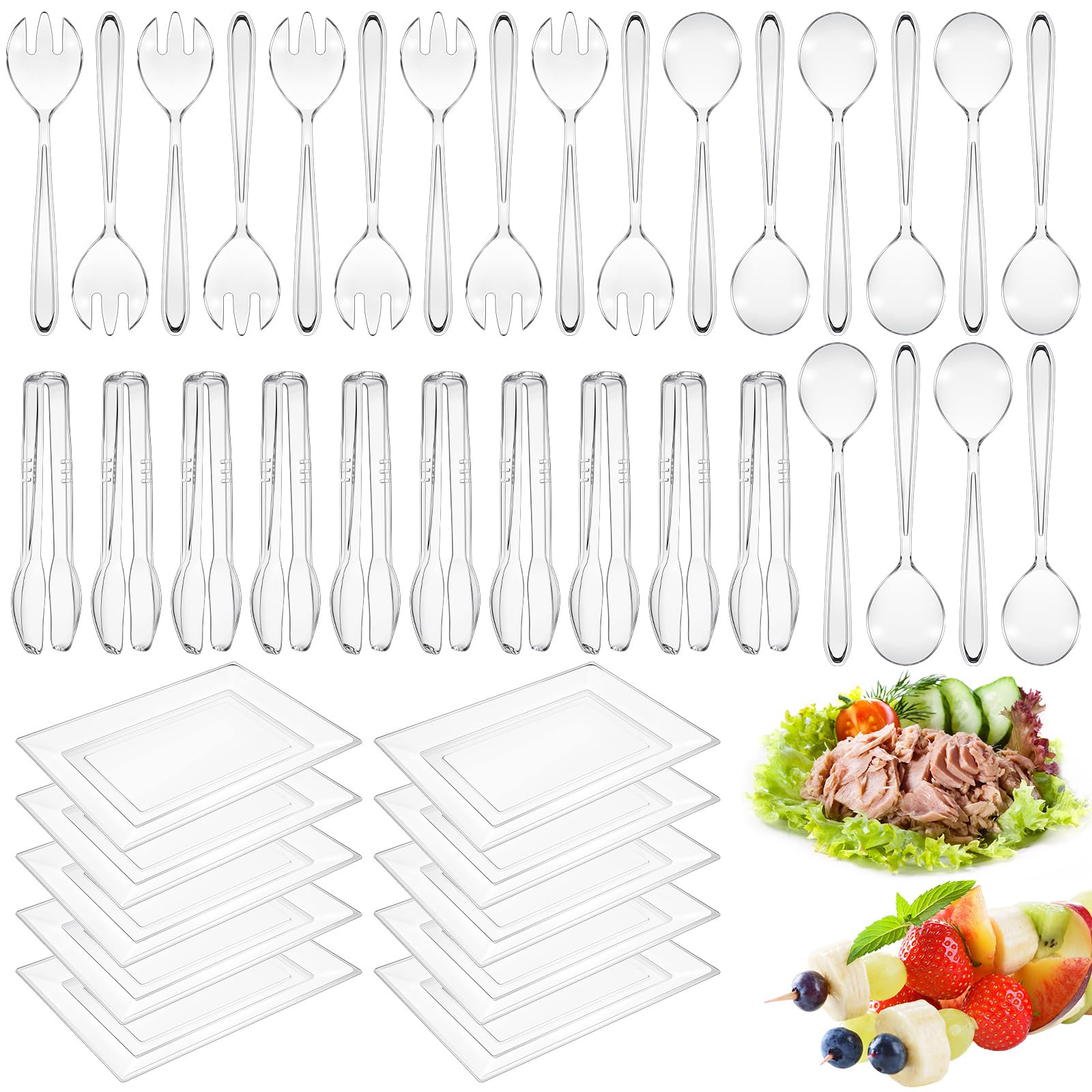 Tioncy 40 Pcs Plastic Serving Utensils Set Disposable Clear Utensils Include 30 Pcs 9" Plastic Serving Spoon Forks Tongs and 10 Pcs 15'' X10'' Plastic Serving Trays Serving Food Party Buffet Cutlery