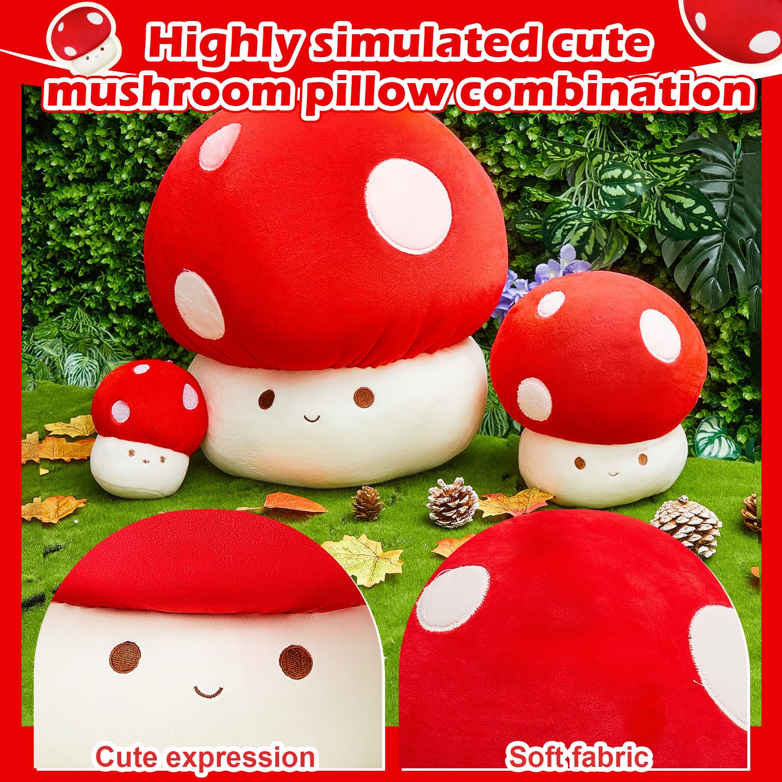 Shappy 3 Pcs Plush Mushroom Pillow Set 15.7" 9" 4.7" Cute Mushroom Stuffed Animal Mushroom Plushie Mushroom Plush Room Decor Gift for Christmas Birthday Bedroom Decor