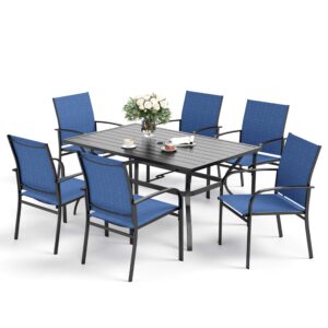 SUNSHINE VALLEY 7 Piece Patio Dining Set for 6, Rectangular Steel Dining Table with Umbrella Hole and 6 Chairs, Outdoor Table and Chairs Set for Lawn Backyard and Deck, Blue