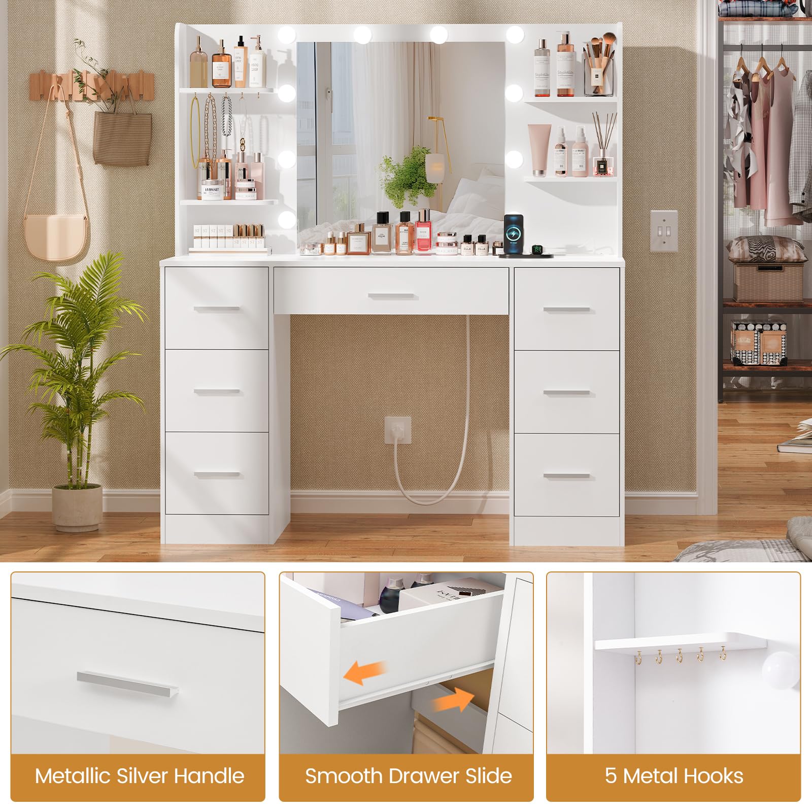 Quimoo Large Vanity Desk with LED Lighted Mirror & Power Outlet,Makeup Vanity Table with 7 Drawers,4 Shelves and 5 Hooks,Vanity Table, Vanity Desk Set for Bedroom,Bathroom,White