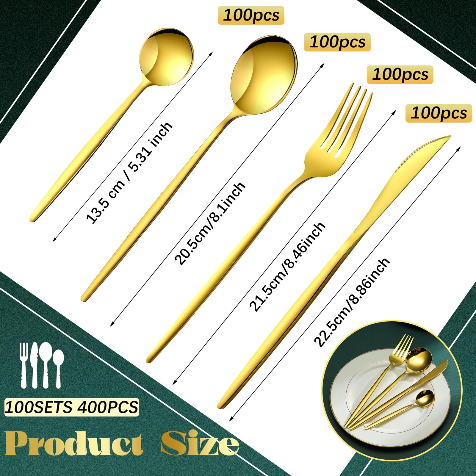 Yaomiao 400 Pcs Gold Silverware Set with Knives Spoons and Forks Portable Stainless Steel Flatware Set Reusable Gold Utensils Set Dishwasher Safe Gold Cutlery Set for Kitchen Restaurant Service