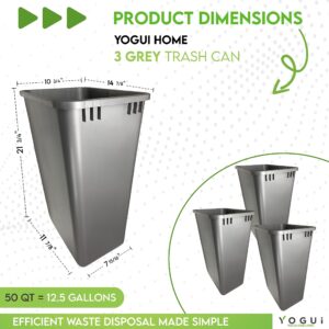 Yogui Home Living Plastic Trash Can - Indoor Garbage Bin for Kitchen, Home, Office and Commercial Use - Large Waste Disposal Tub, Plastic Waste Container- 12-Gallon (50 Quart - 3 Pack, Grey)