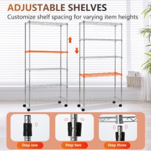 FDW Storage Shelves Adjustable Storage Rack Wire Shelf with Wheels Outstanding Load Metal 5 Tier Shelves Shelf Storage Solution for Small Spaces Multifunctional Easy Assembly,Chrome