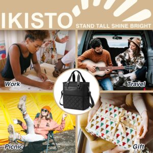 IKISTO Womens Insulated Lunch Bags for Work, Trendy Black Large Lunch Tote Bag for Women with Shoulder Strap, Cute Square Lunch Box for Adults Teacher