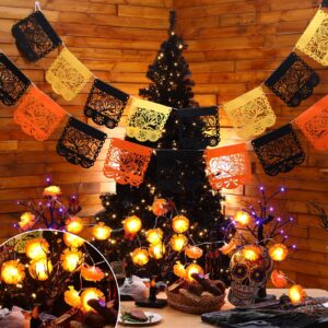 Riceshoot 21 Pcs Day of The Dead Decorations for Dia De Los Muertos Include 3 Pcs 4.9 ft Artificial Marigold Garland with LED, 16 Pcs Monarch Butterfly Decorations, 2 Pcs 16.4 ft Mexican Party Banner