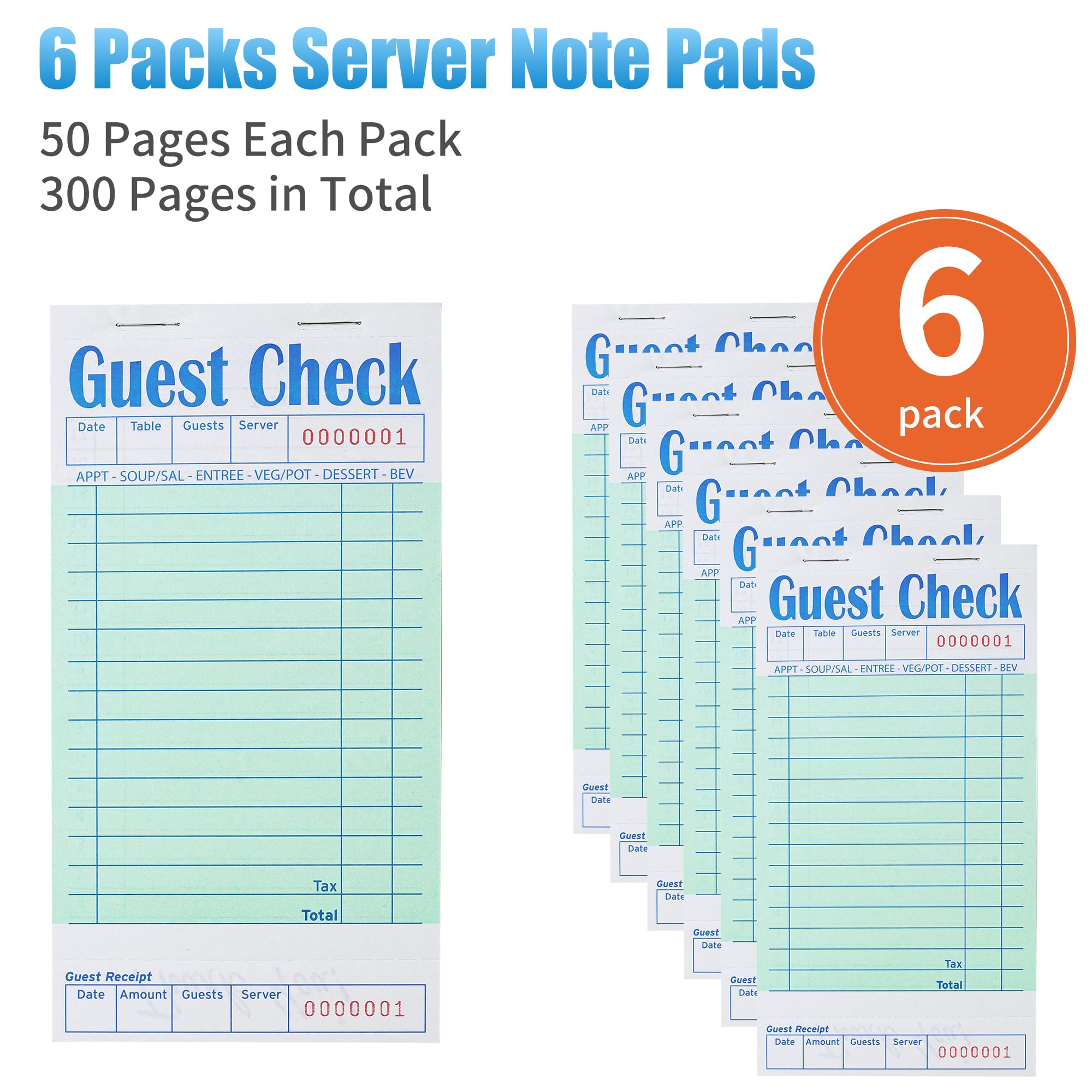 ZPARIK 6 Pack Guest Checks Books for Servers Server Note Pads, Waiter Checkbook, Waitress Notepad for Restaurants, Paper Checks 50 Sheets/Pack, 300 Total Tickets