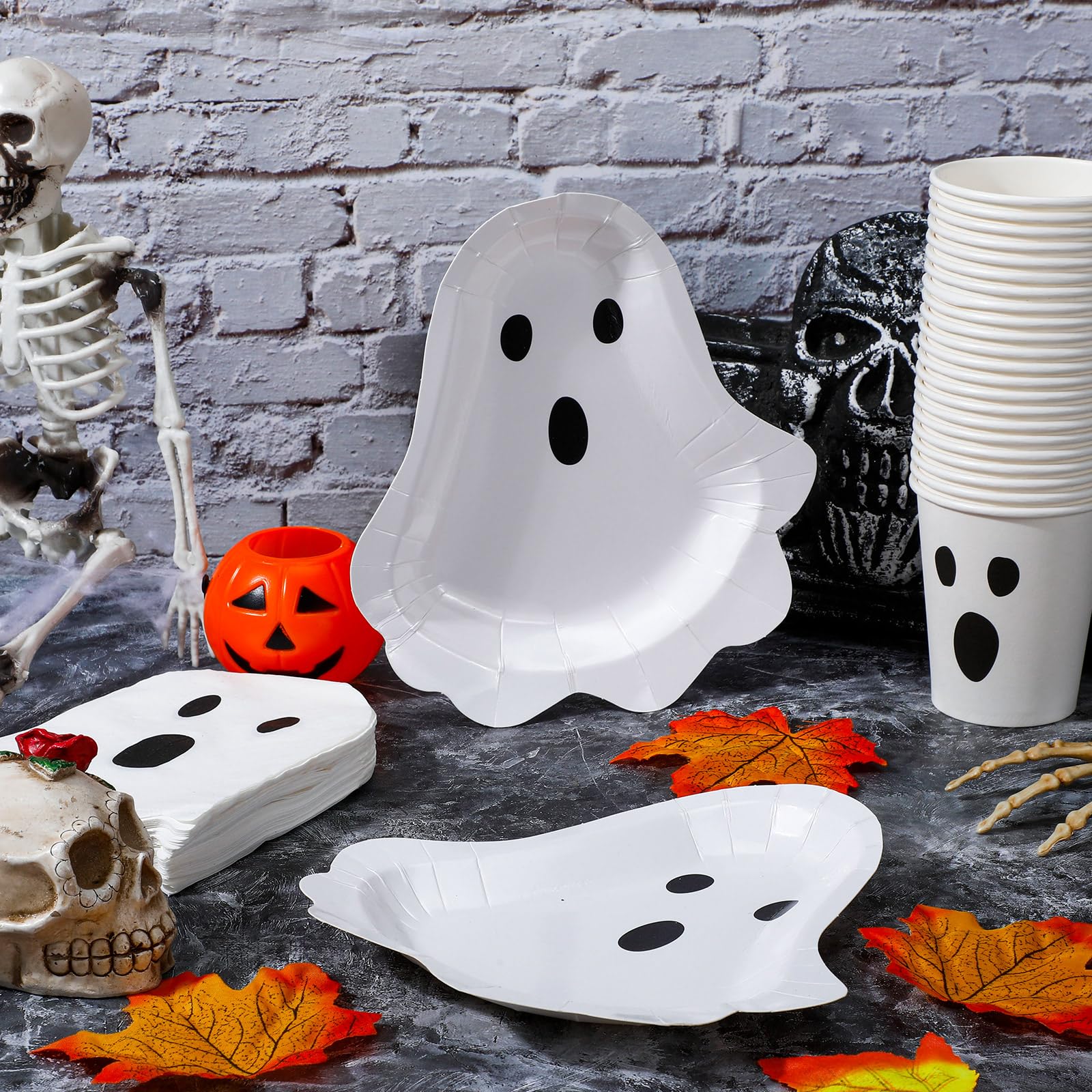 Fuutreo 96 Pcs Halloween Ghost Party Tableware Supplies Including 48 Pcs Halloween Guest Napkins 24 Pcs Ghost Shaped Plates 24 Pcs 9 oz Disposable Ghost Paper Cups Serve for 24 Guests Halloween Party