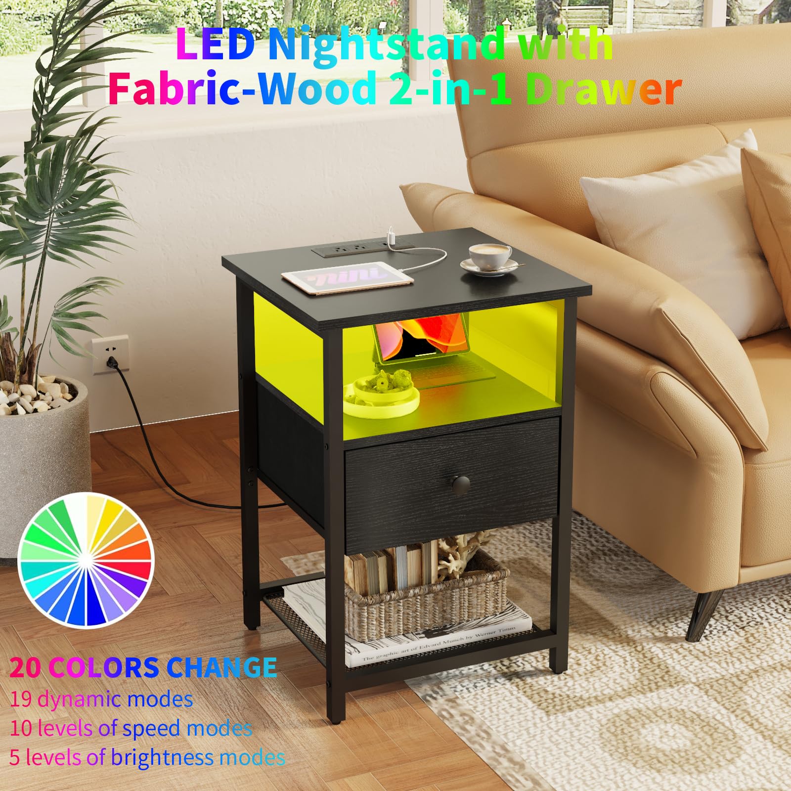 HDDDZSW LED Nightstands Set of 2 with Charging Station, Bedside Tables with USB Ports and Outlets, End Table with Fabric-Wood 2-in-1 Drawer for Small Spaces, Black Side Table for Bedroom, Living Room