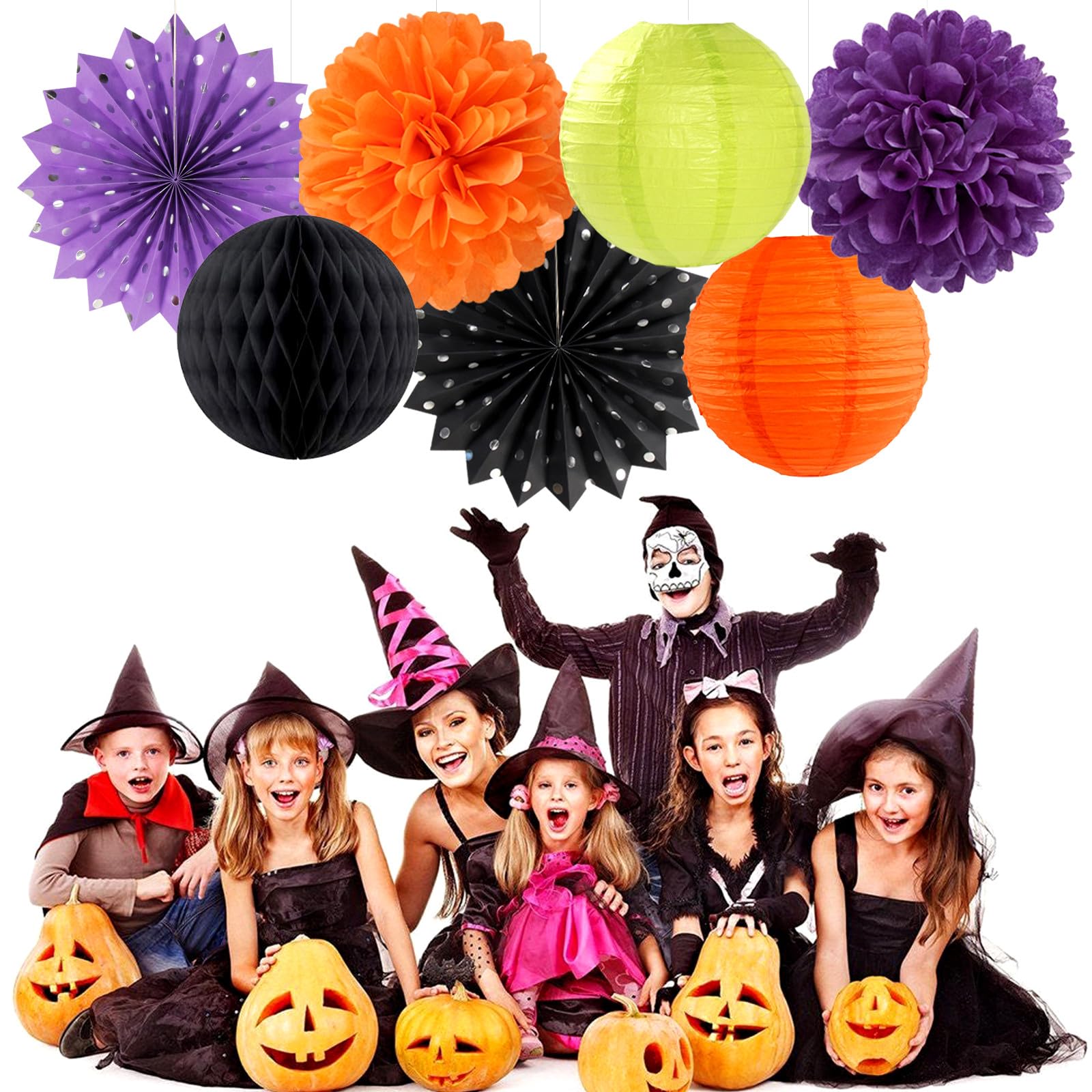 Black-Orange Purple Green Halloween Party-Decorations - 14pc Kit Paper Lanterns Fan,Tissue Flower Pom Poms Streamers,Honeycomb Balls,Birthday Supplie Wedding Baby Bridal Shower Decor Lasting Surprise